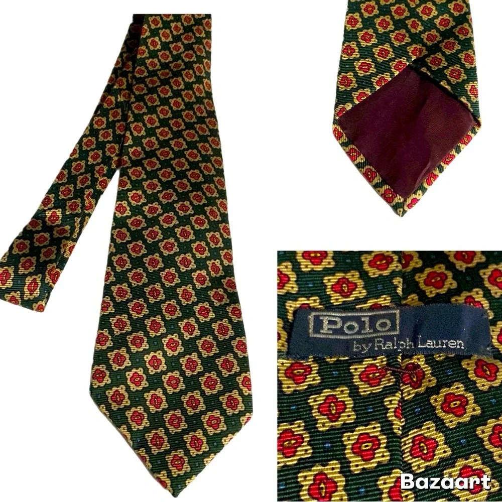POLO by RALPH LAUREN TIE, Vintage, Floral, Handmade in USA, Imported silk - Picture 9 of 11